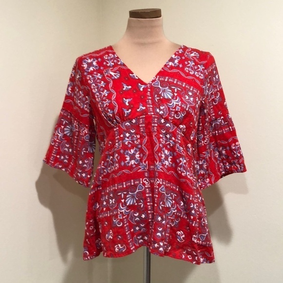 Anthropologie Skies Are Blue Blouse Size Small Red Bandana Print Bell Sleeve - Picture 2 of 9